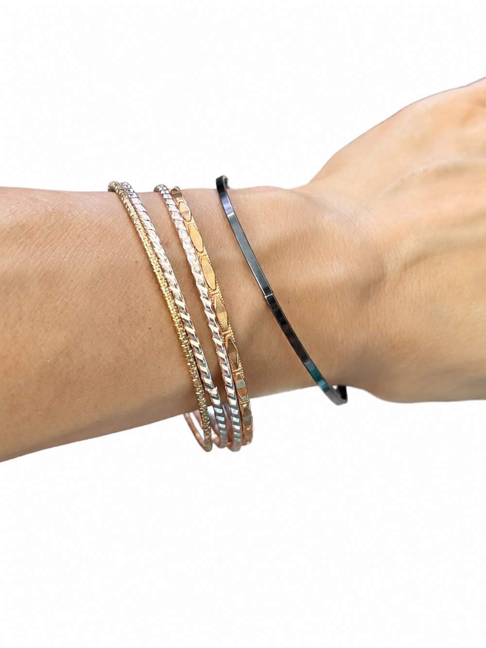 Set of 5 Mixed Metal Thin Bangle Bracelets Gold Silver Black Textured Stack